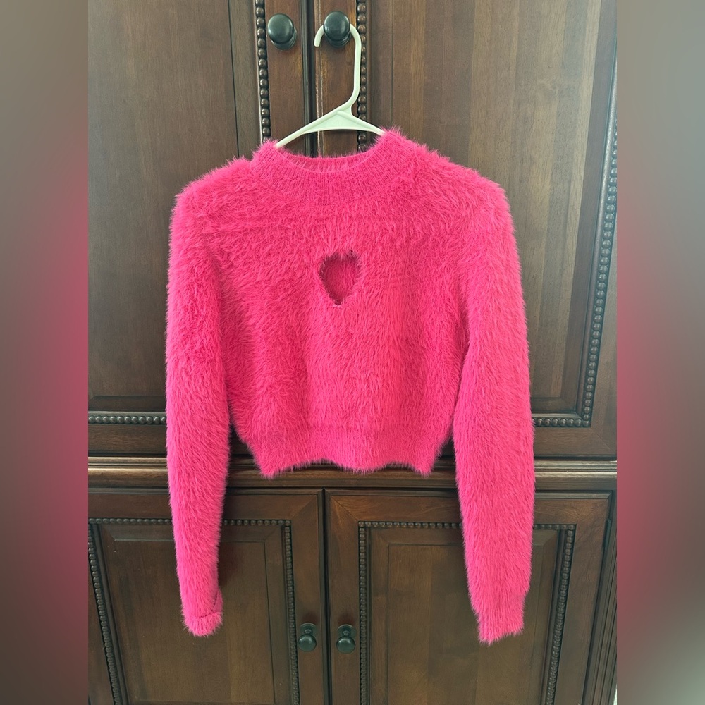 Shein Fuzzy Pink Heart Cutout Sweater